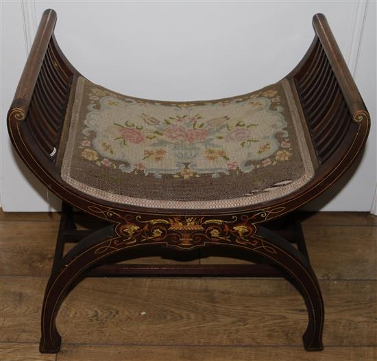 An Edwardian marquetry inlaid mahogany dressing stool, W.1ft 10in.